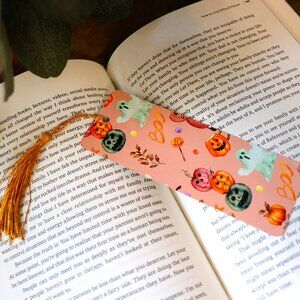 Fall/Halloween Metal Bookmark with Tassel, handmade, boo basket